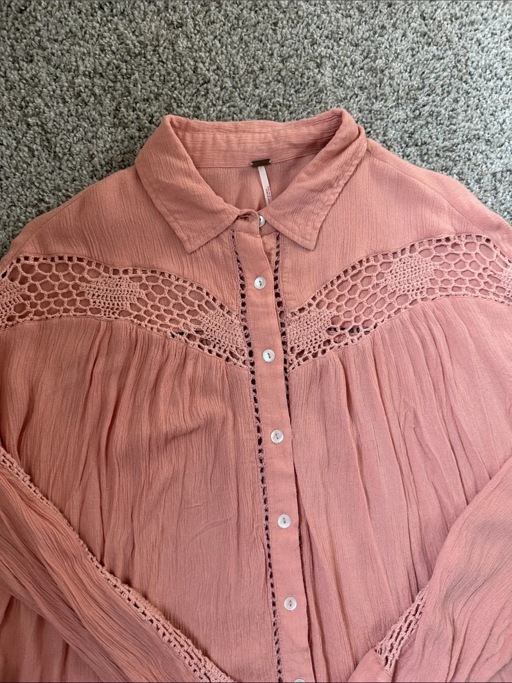 Free People Dusty Pink Crochet-Inset Button Front Blouse